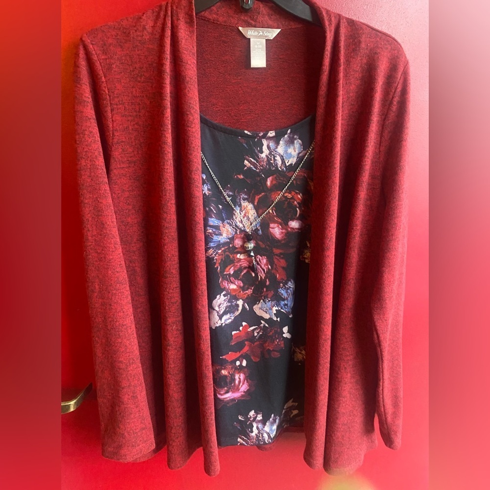Fun fall light knit top with built in fly away cardigan and removable necklace